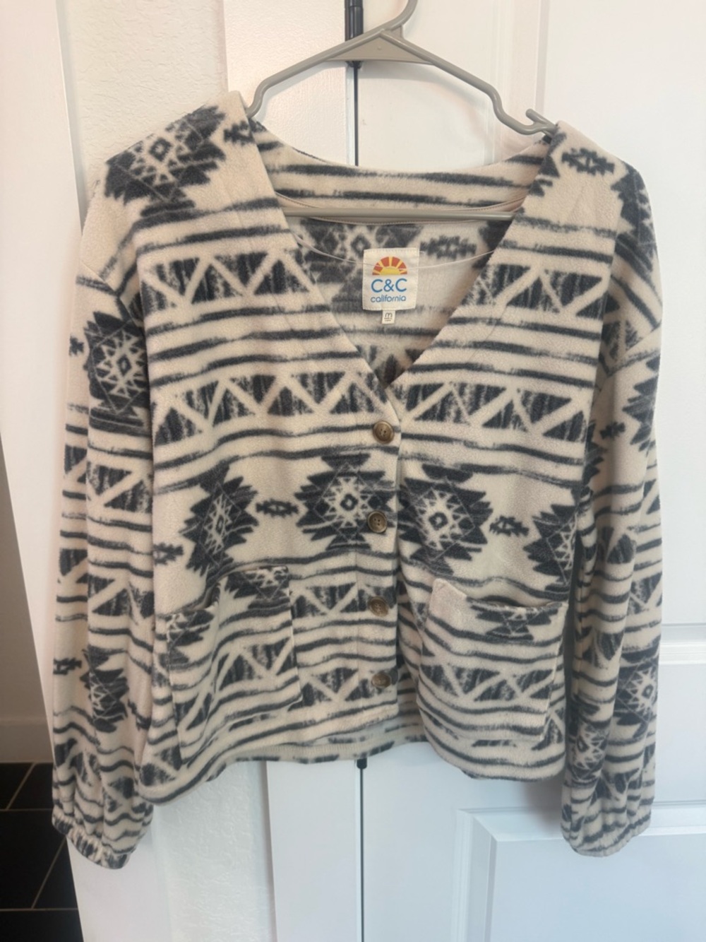 C&C California Cream & Charcoal Aztec Button-Front Cardigan